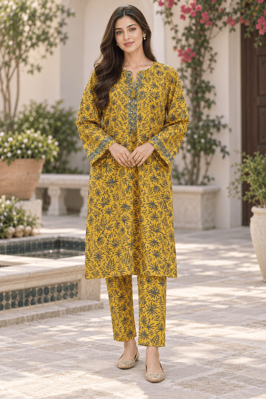 Mustard Yellow Printed Two-Piece Suit for Women | MANSAB
