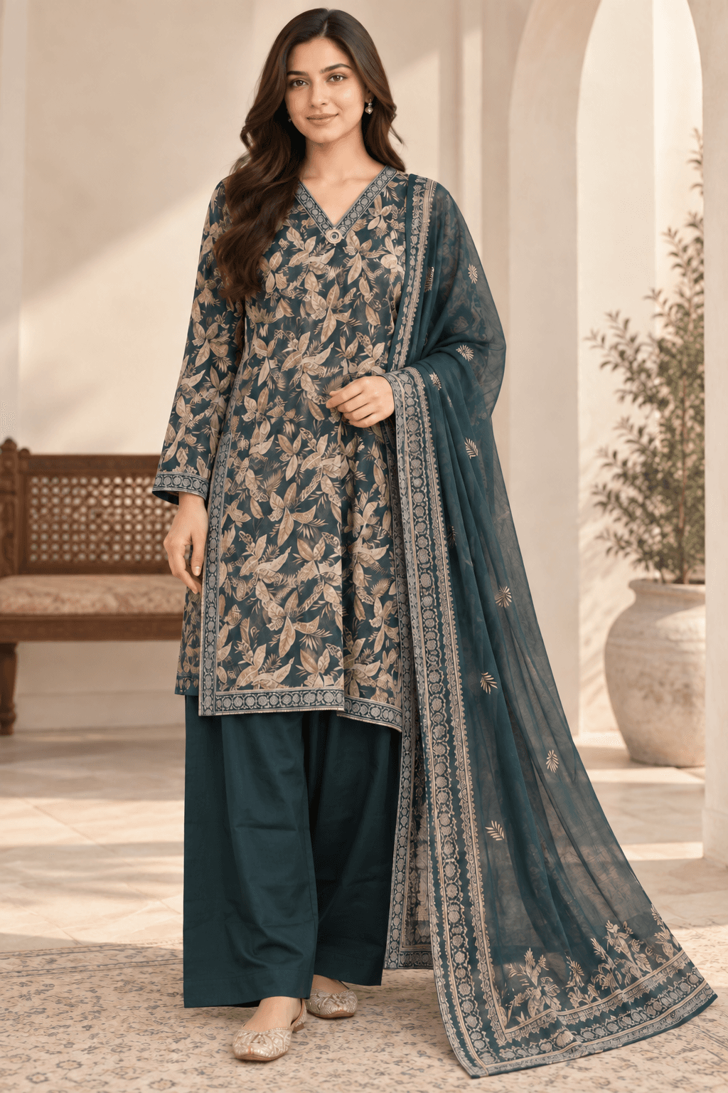 MANSAB Teal Green Printed 3-Piece Suit for Women | Shirt, Wide-Leg Trouser & Dupatta