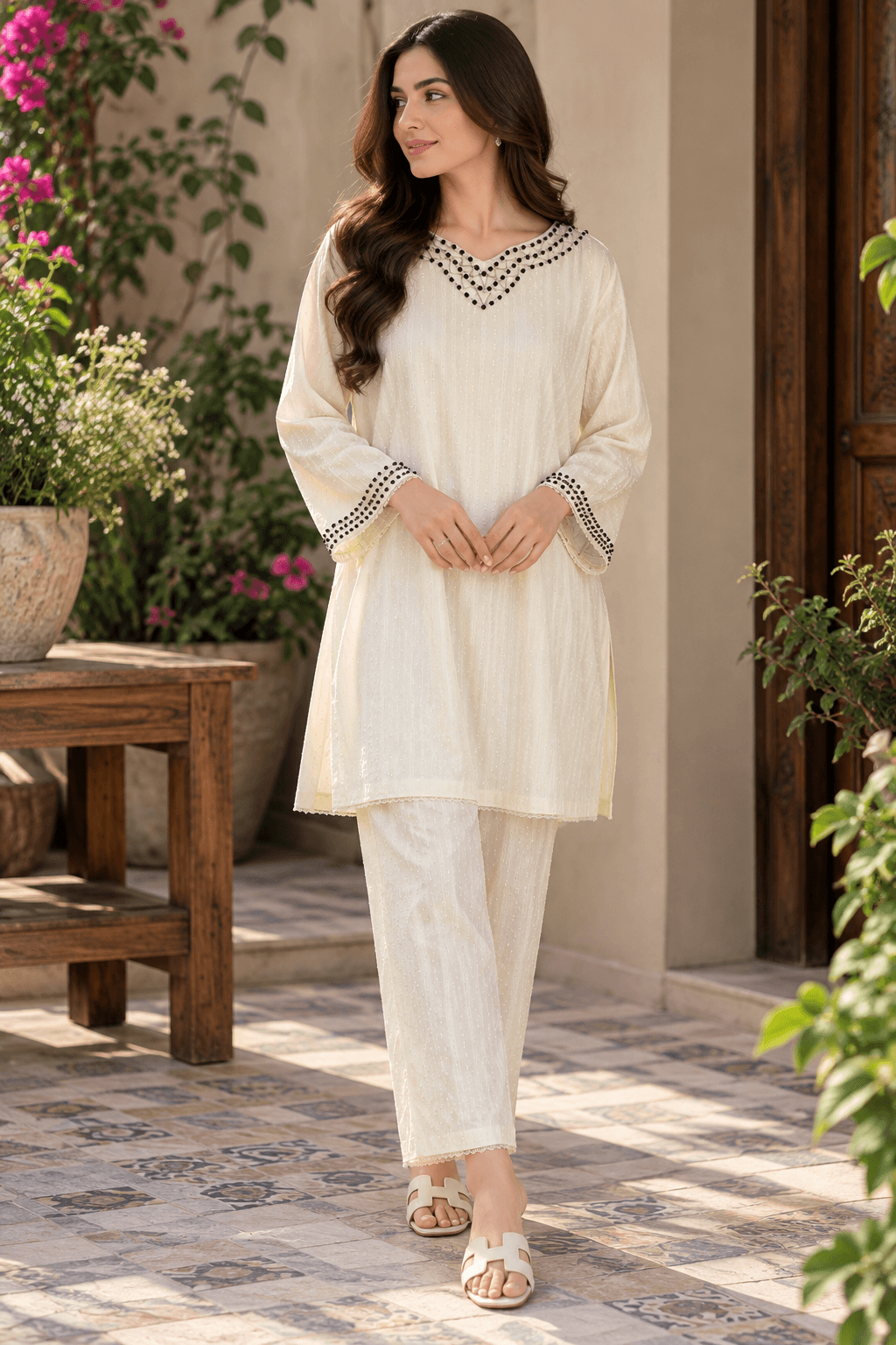 Ivory Embellished Two-Piece Suit for Women – Elegant Eastern Wear by MANSAB