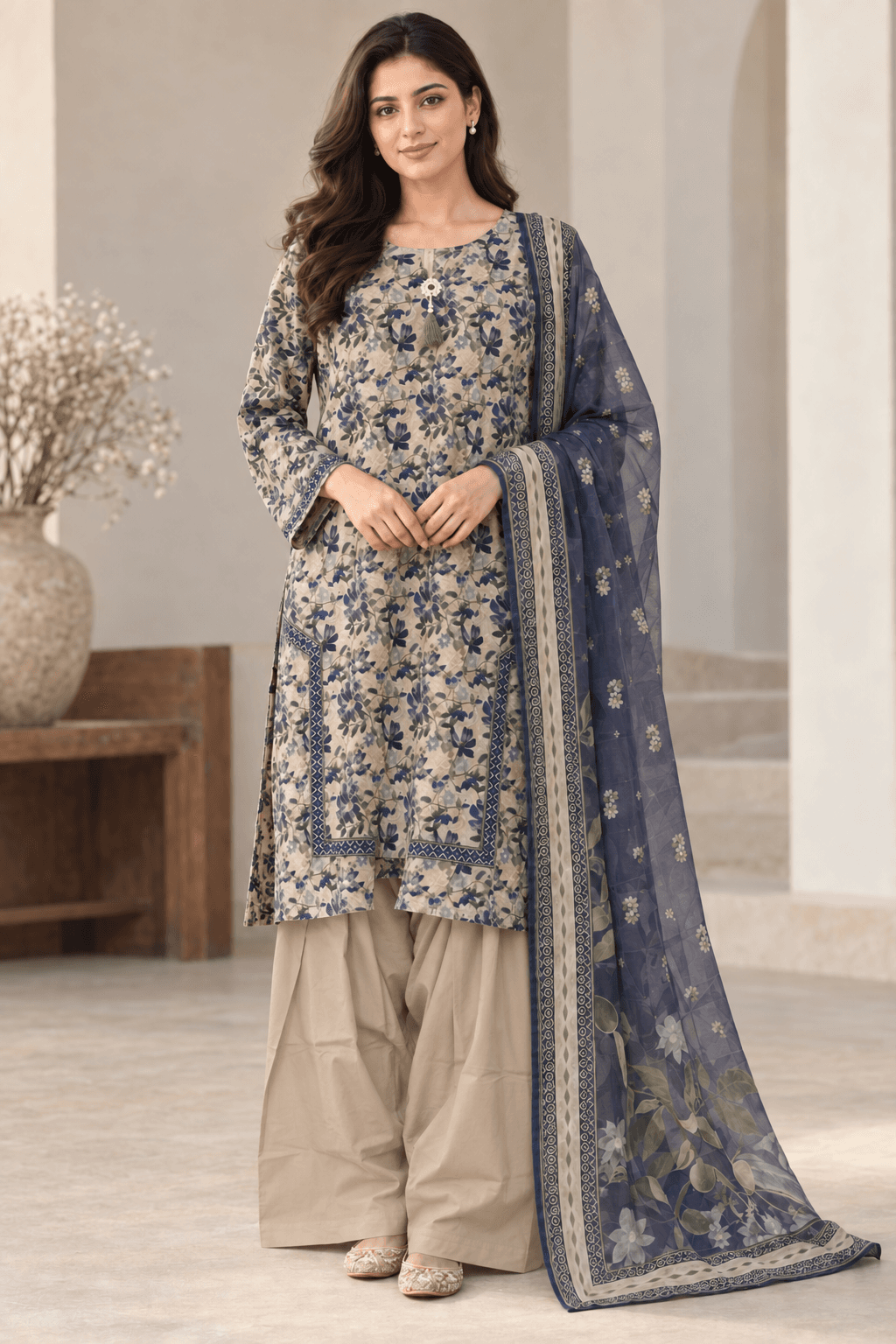 Blue Floral Printed Three-Piece Shalwar Suit for Women | MANSAB