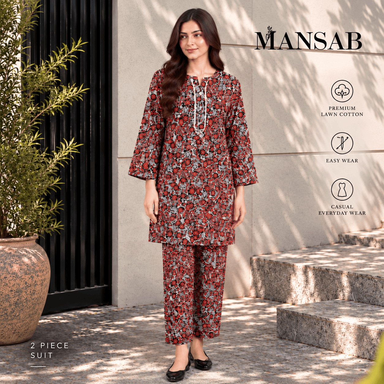 Red Floral Printed 2-Piece Lawn Suit for Women | MANSAB