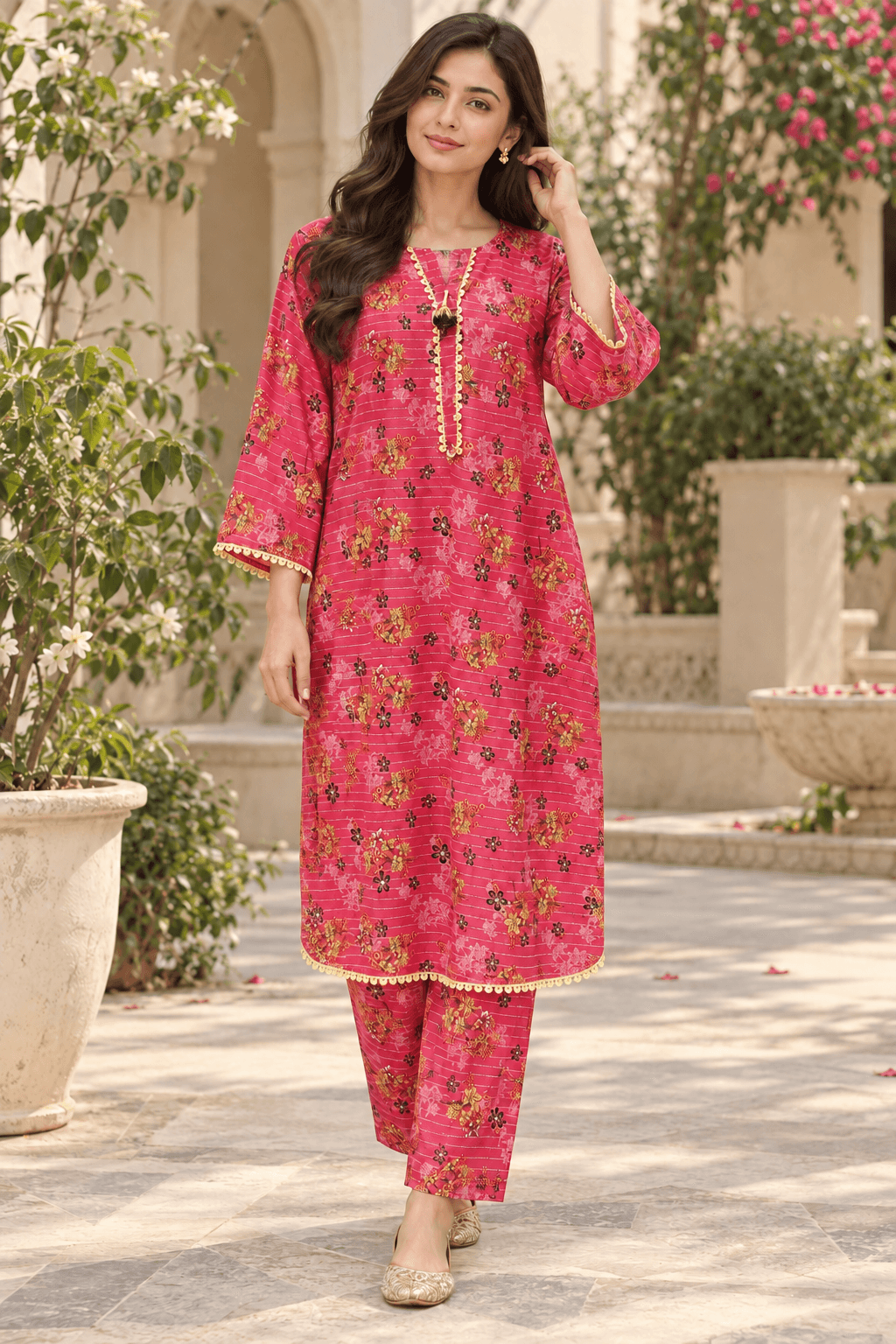 MANSAB Fuchsia Pink Floral Printed 2-Piece Suit for Women