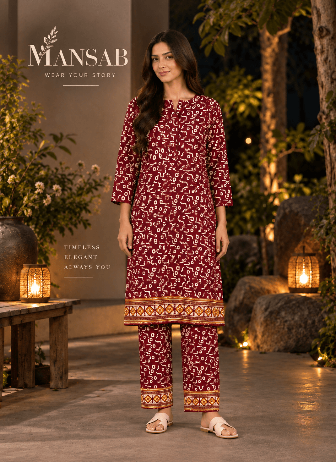MANSAB Maroon Printed 2-Piece Suit for Women | Casual Pakistani Wear