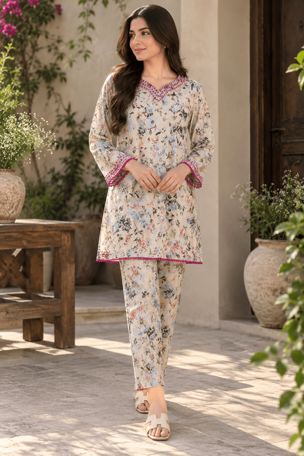 Floral Printed Embellished Two-Piece Suit for Women | MANSAB
