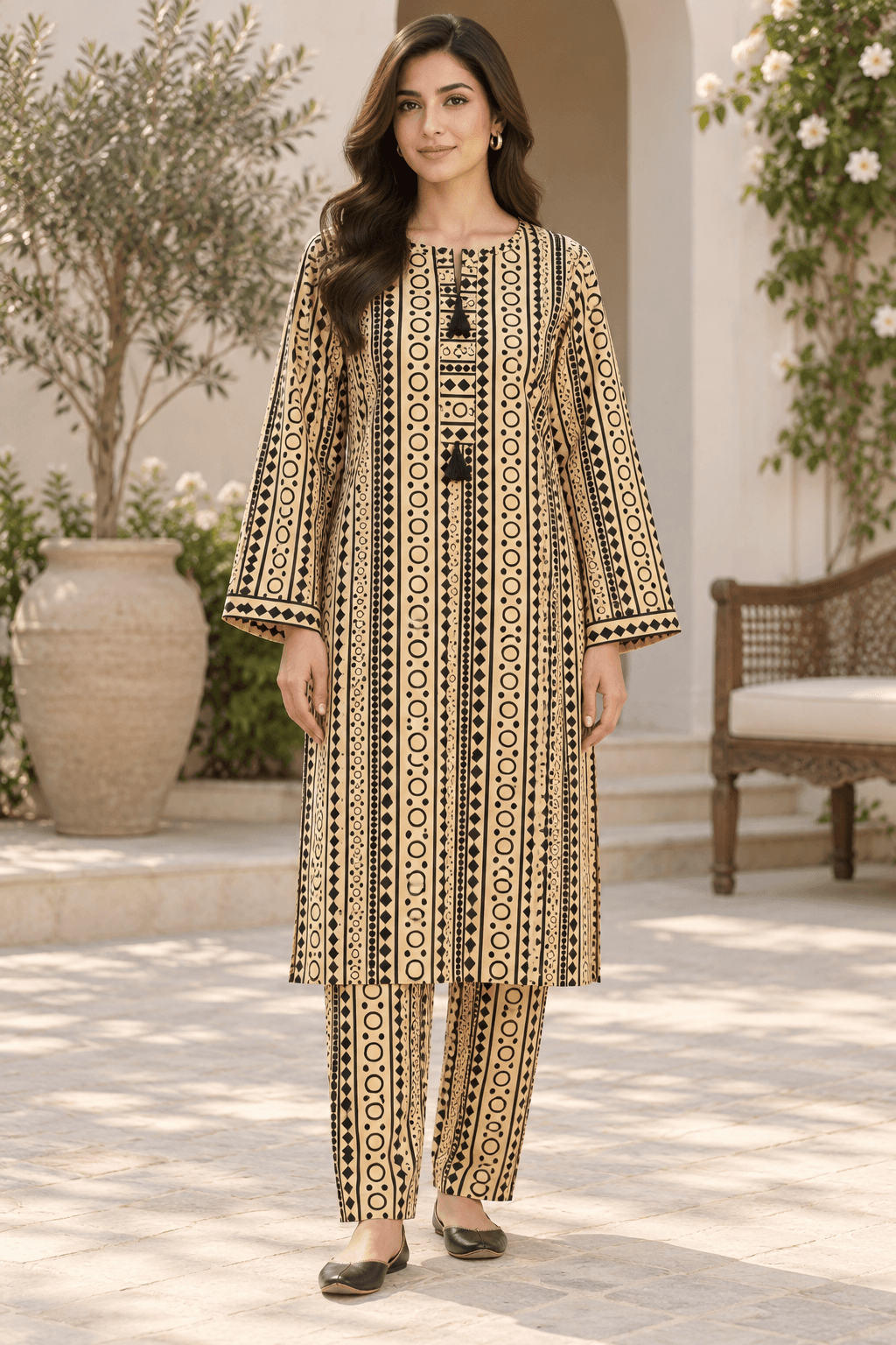 Beige & Black Geometric Two-Piece Suit | MANSAB