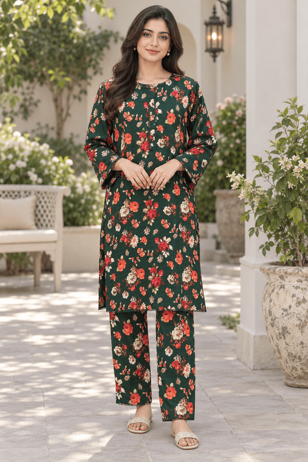 MANSAB Dark Green Floral Printed 2-Piece Suit for Women | Shirt & Trouser