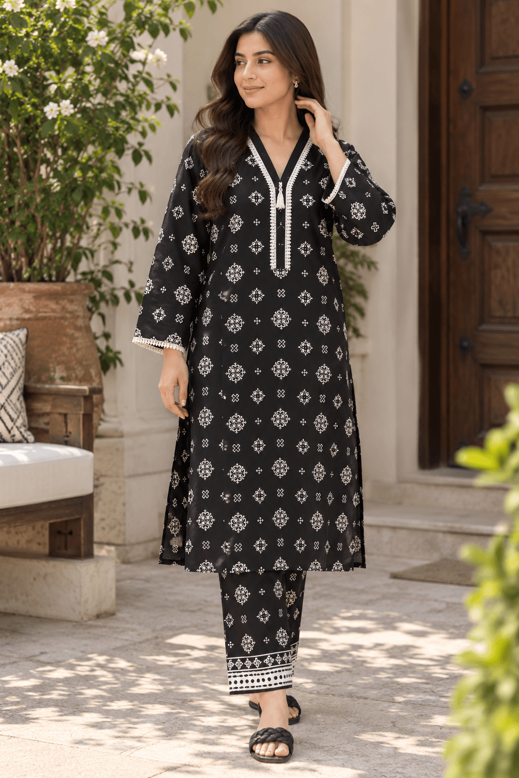 MANSAB Black & White Printed 2-Piece Lawn Suit for Women :