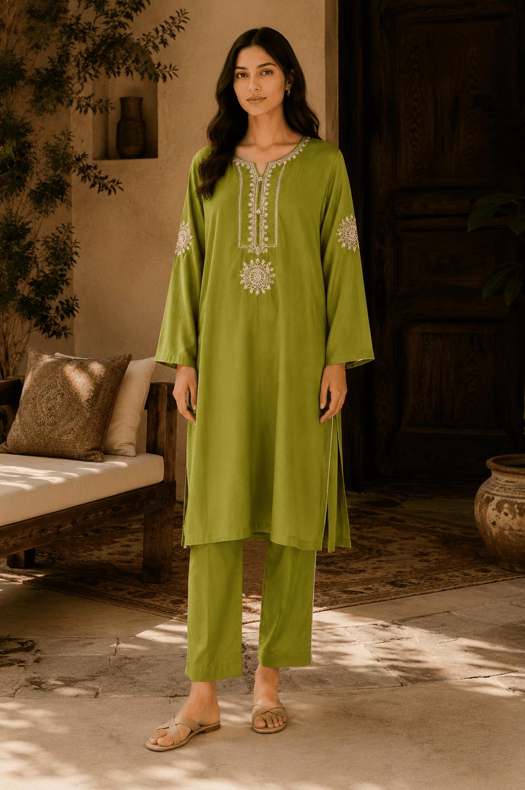 Olive Green Embroidered Kurta Trouser Set for Women | 2 Piece Suit