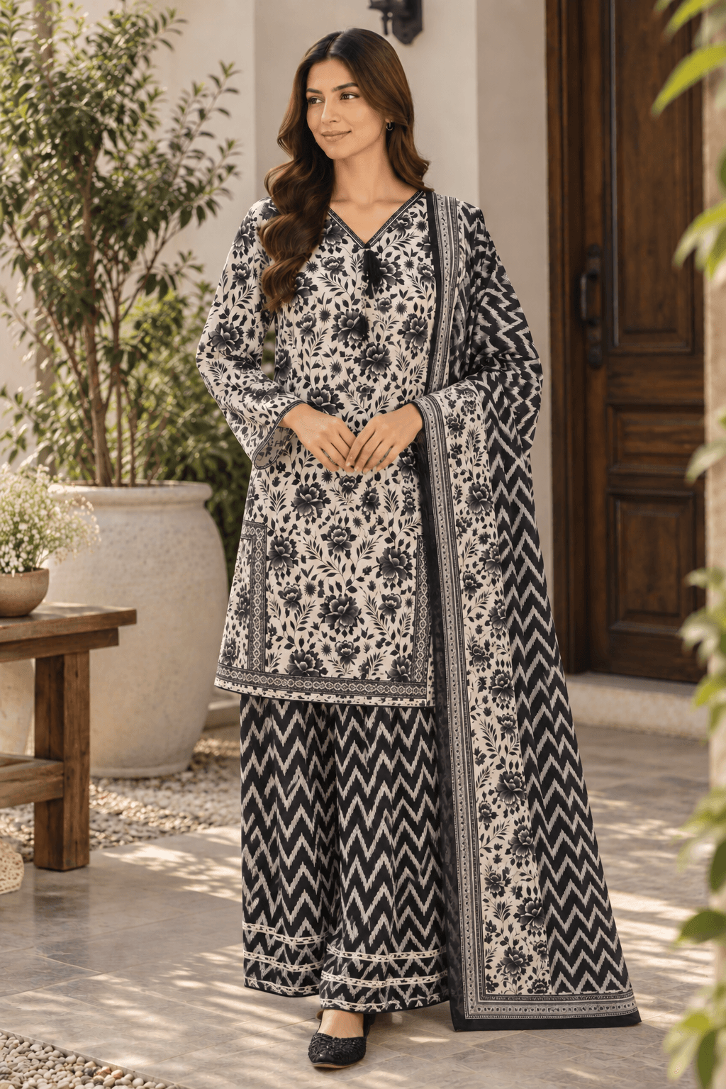 MANSAB Black & Ivory Floral 3-Piece Lawn Suit with Farshi Shalwar for Women