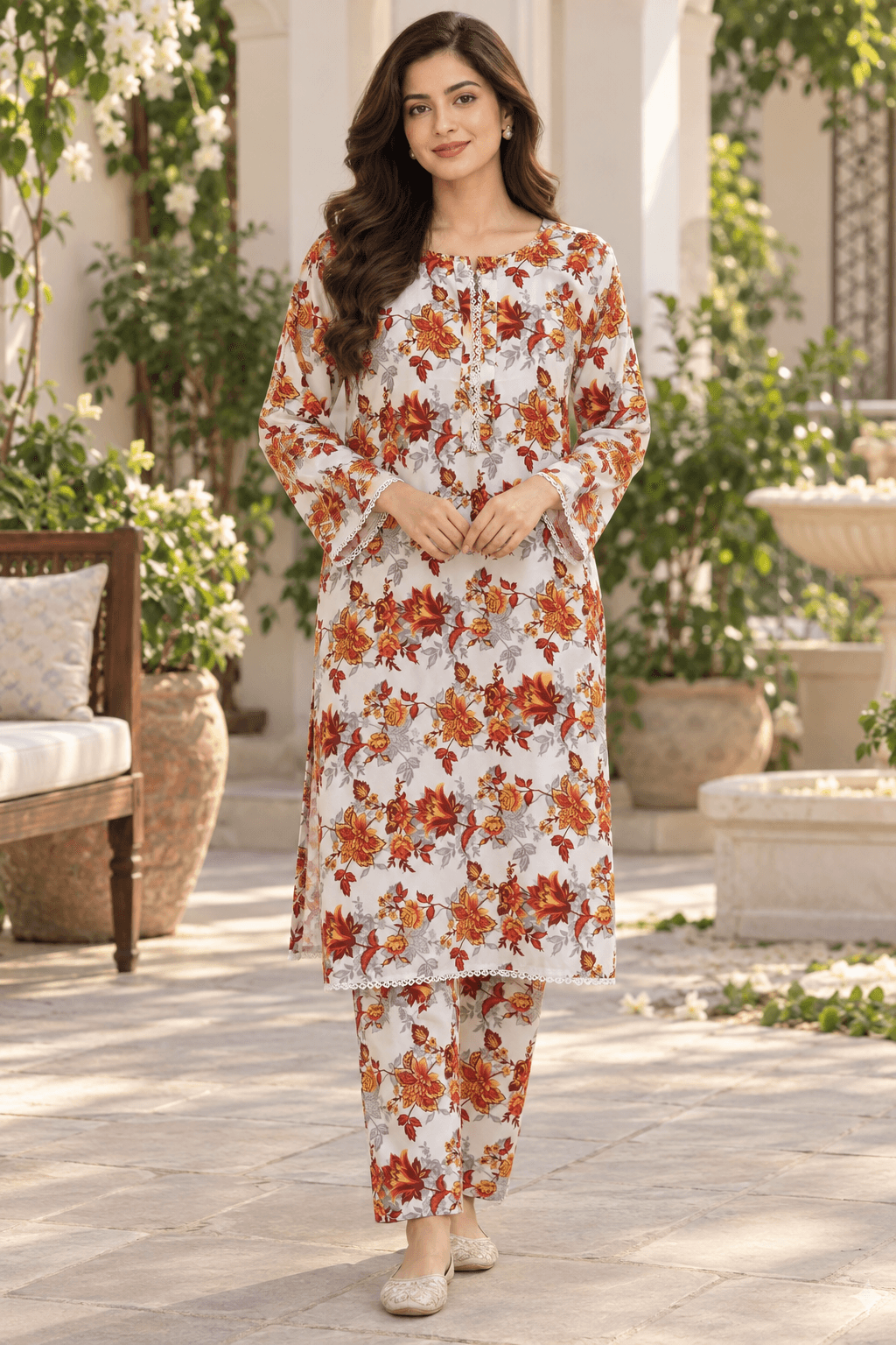 MANSAB Ivory Rust Floral Printed 2-Piece Suit for Women | Shirt & Trouser