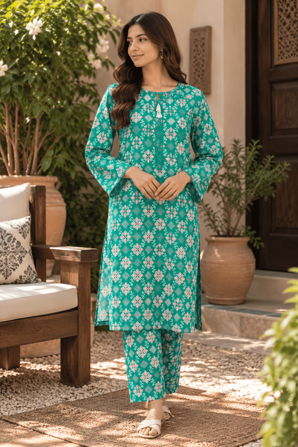 MANSAB Emerald Green Printed 2-Piece Shirt & Trouser Suit for Women