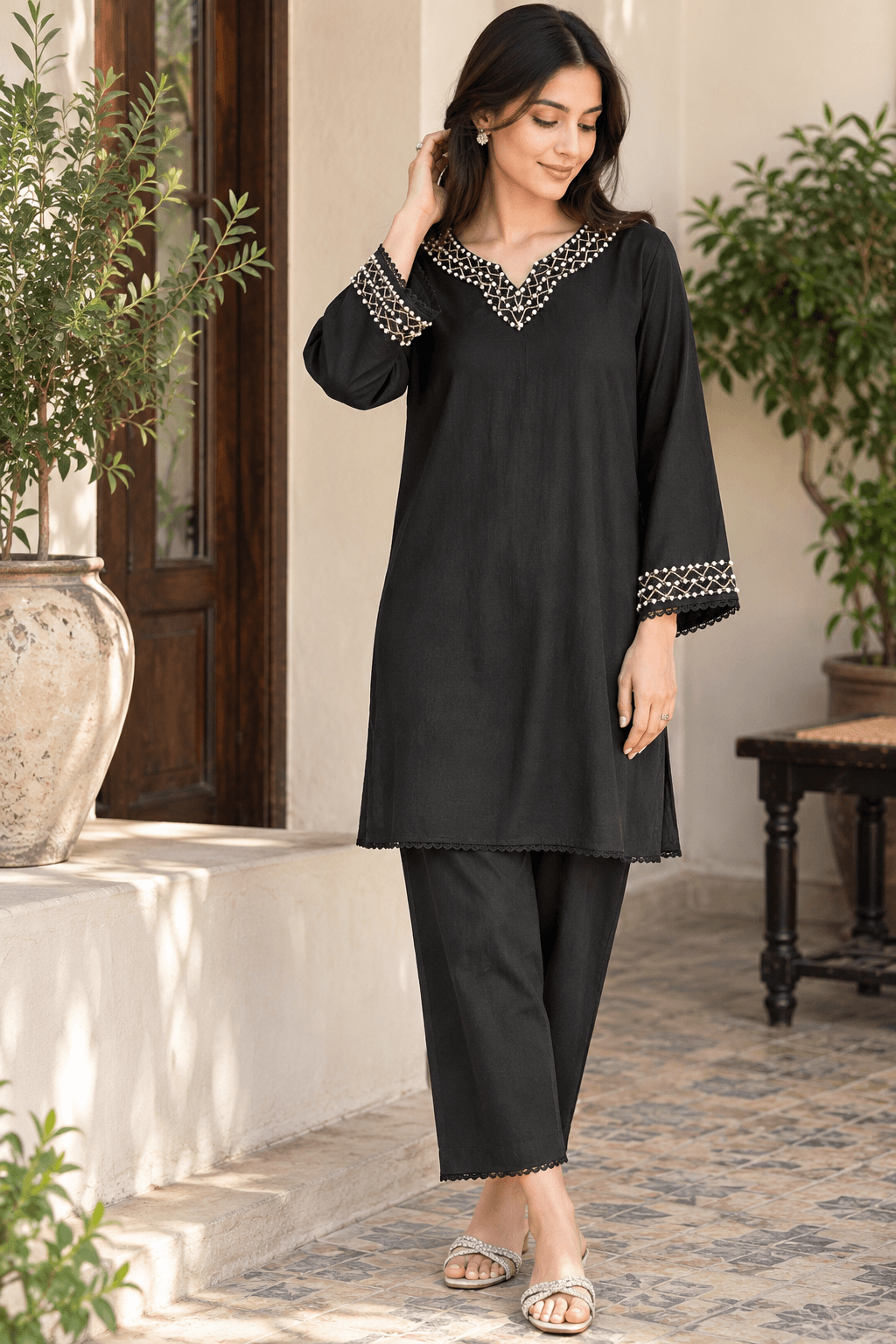 Elegant Black Embroidered Two-Piece Suit for Women