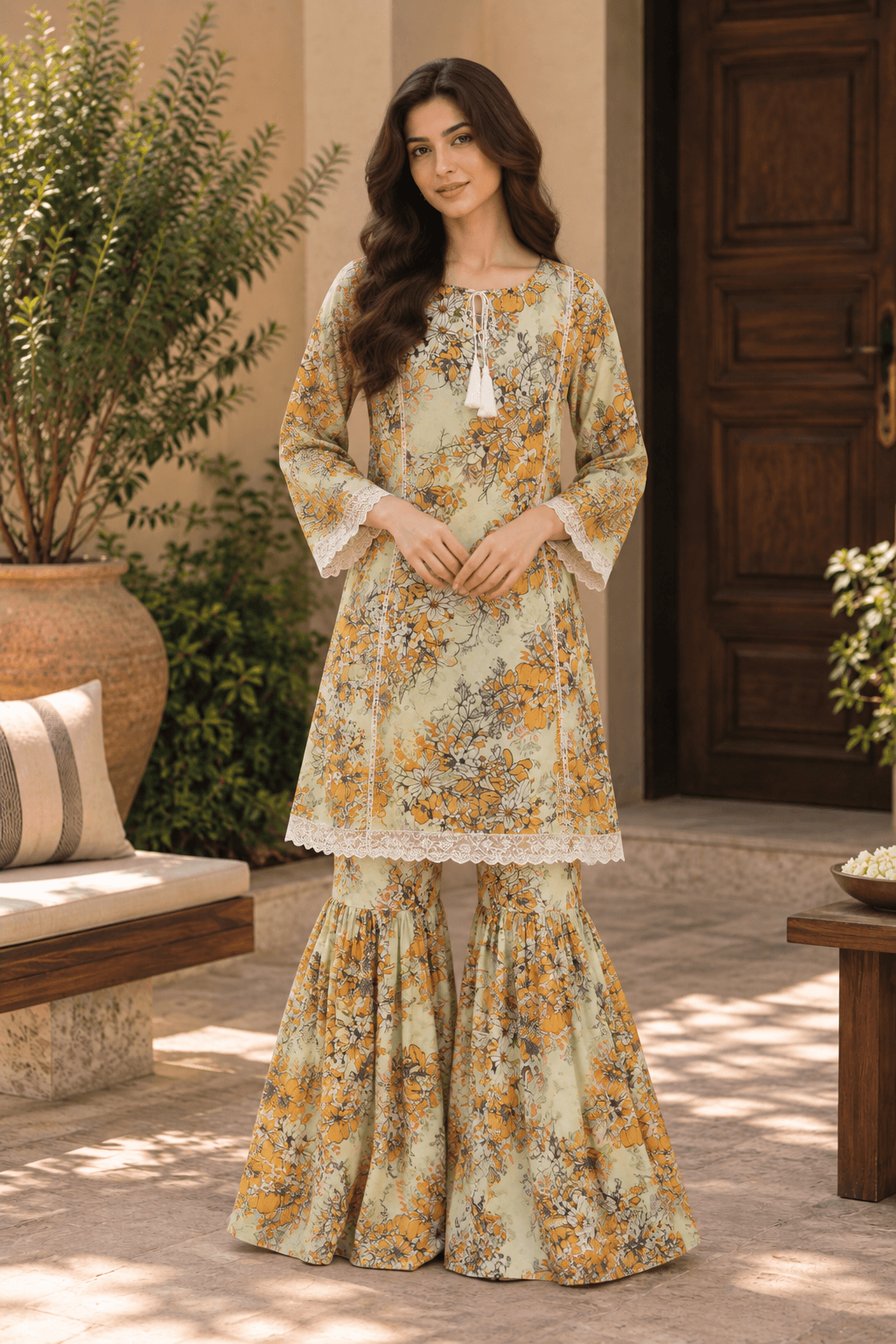 Sage Green Floral Printed Kurta & Gharara Set for Women | 2 Piece Suit