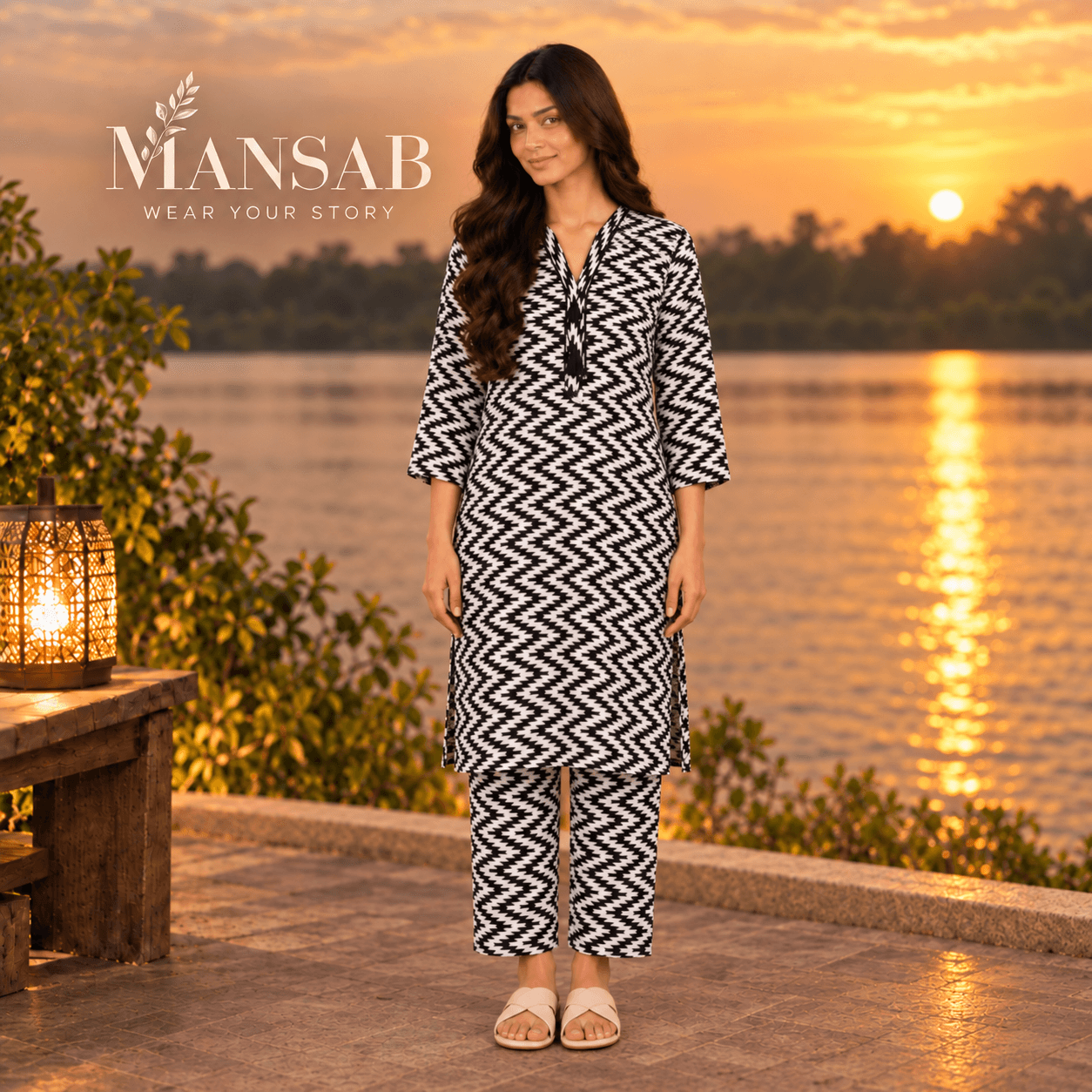 Black & White Zigzag Printed Two-Piece Suit for Women | MANSAB