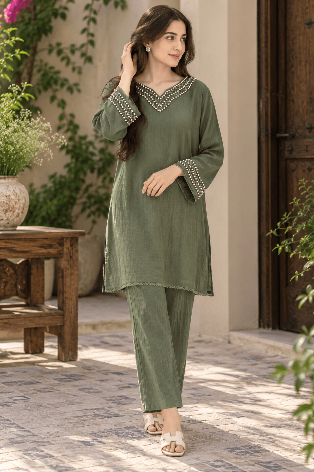 Sage Green Embellished Two-Piece Suit for Women | MANSAB