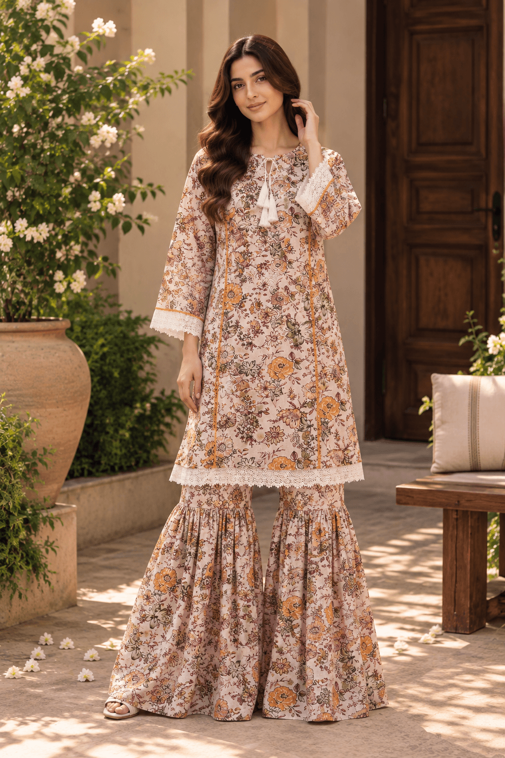 Ivory Floral Printed Kurta & Gharara Set for Women | 2 Piece Suit