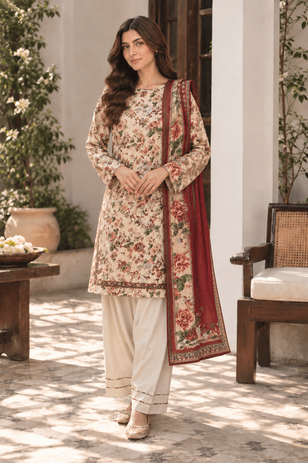 MANSAB 3-Piece Floral Printed Suit with Maroon Dupatta