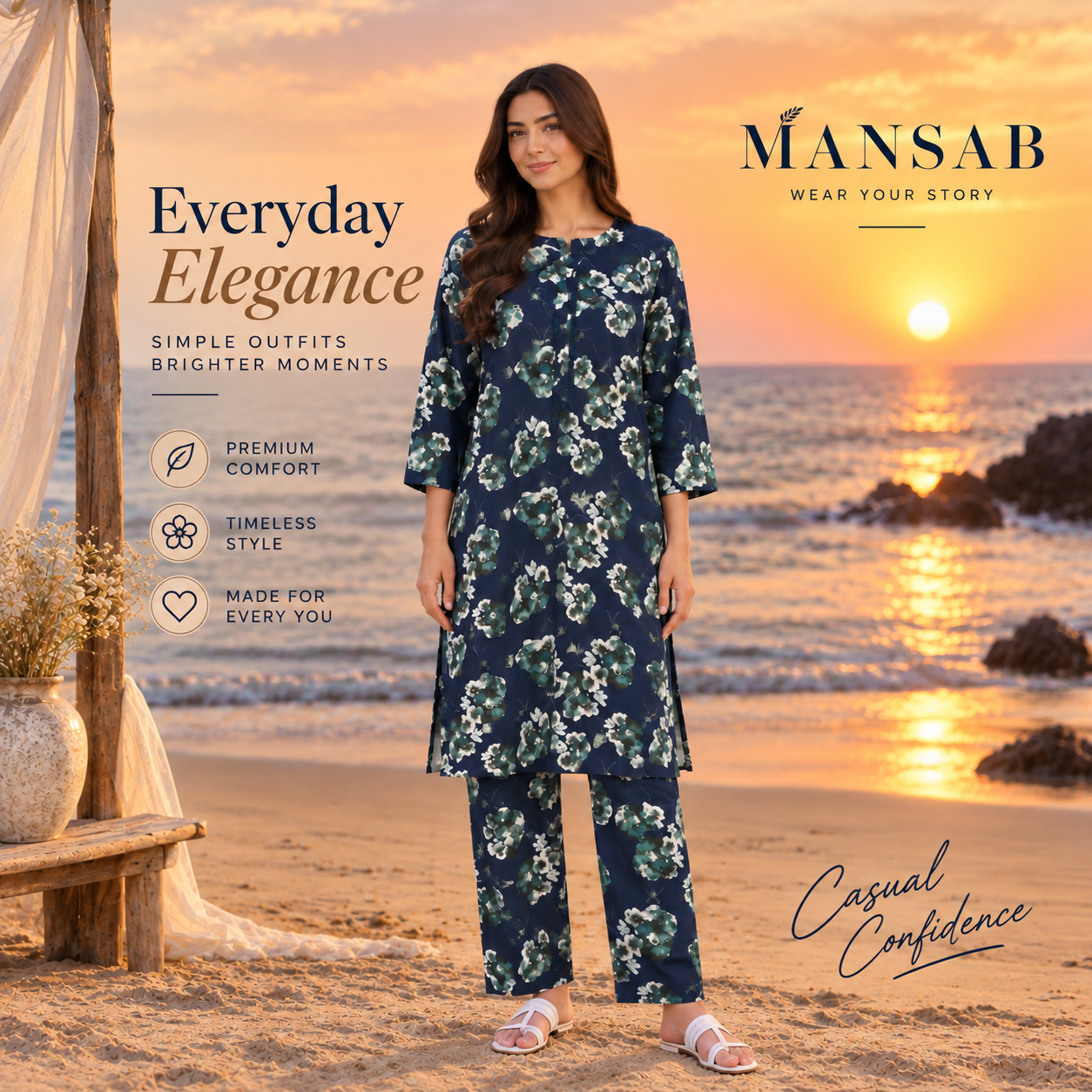 Navy Blue Floral Printed Two-Piece Suit for Women | MANSAB