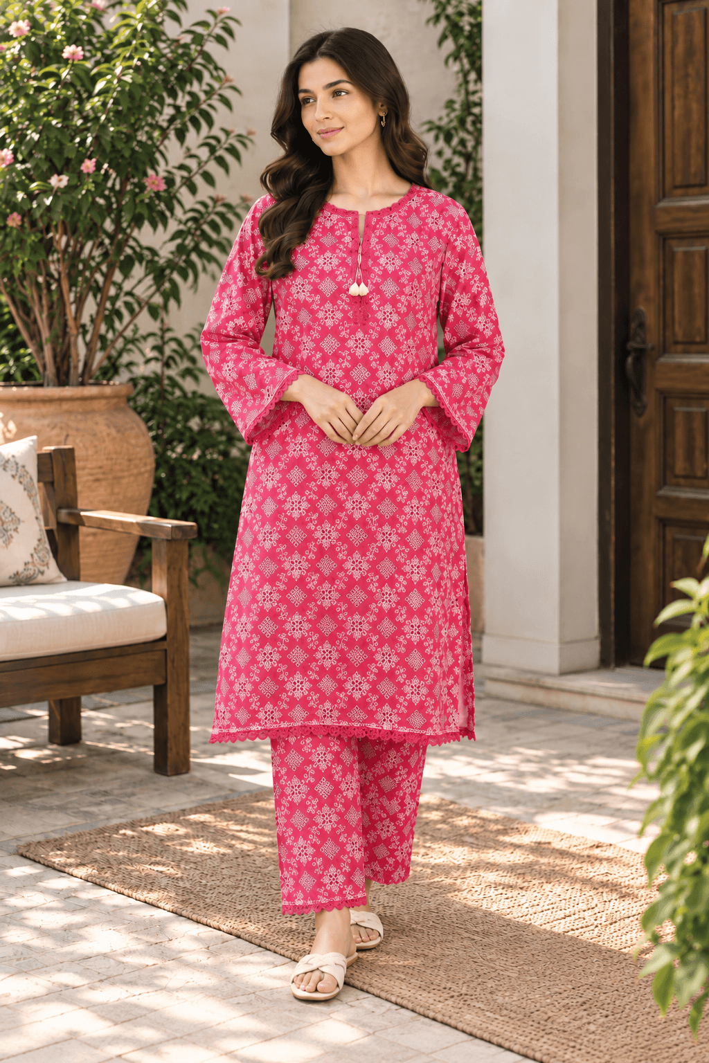 MANSAB Pink Printed 2-Piece Lawn Suit for Women | Lace Detail Shirt & Trouser