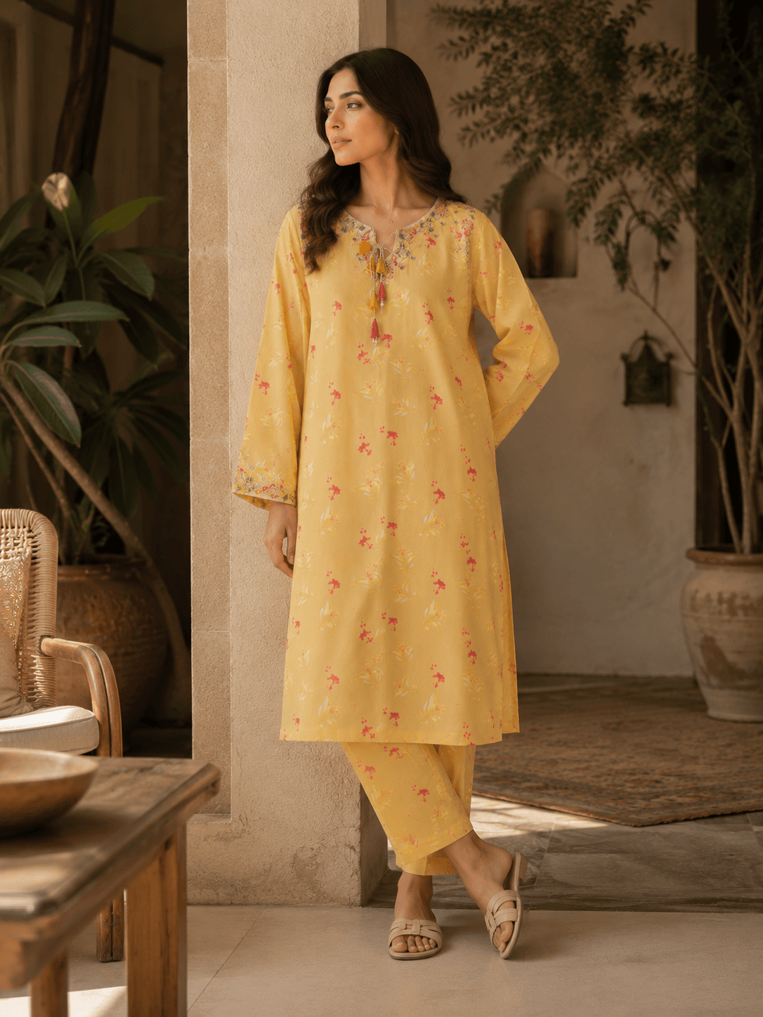 Yellow Floral Embroidered Kurta Trouser Set for Women | 2 Piece Pakistani Suit