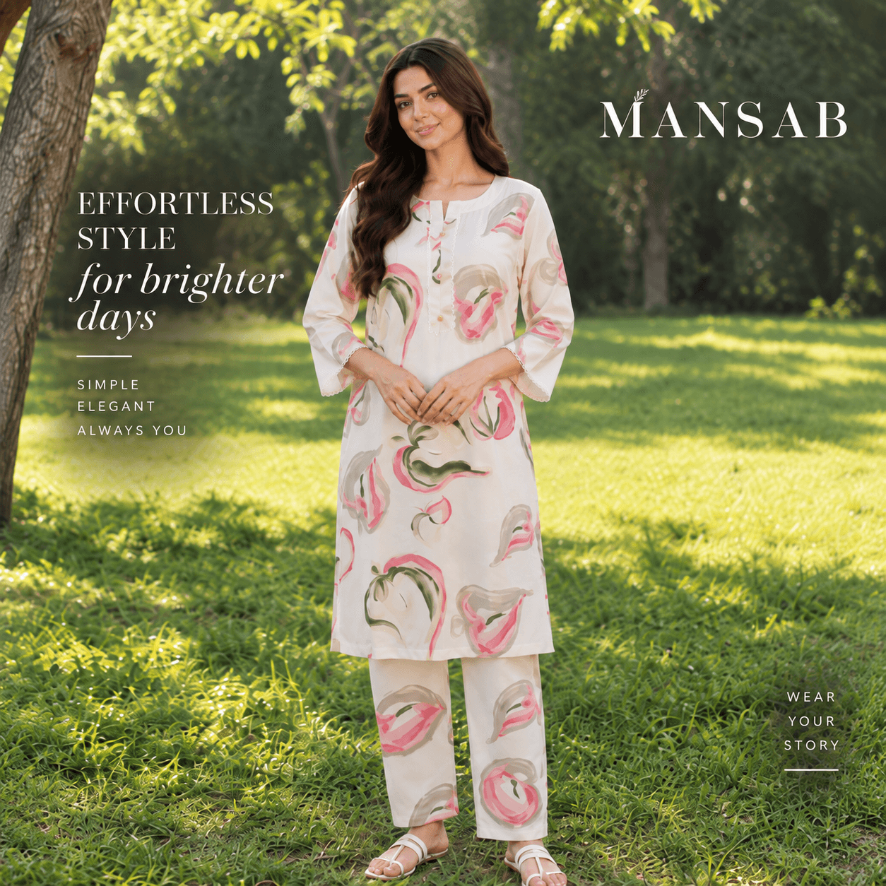 Ivory & Pink Printed 2-Piece Casual Suit for Women | MANSAB