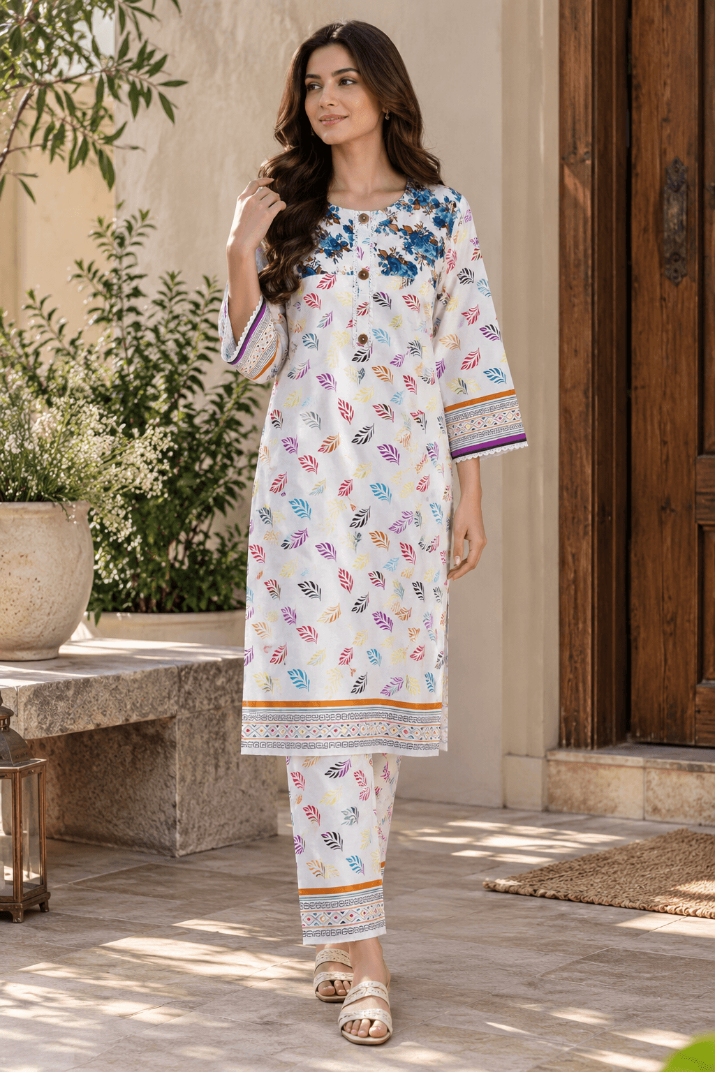 White Multicolor Printed Co-Ord Set for Women | Kurta & Trouser Set