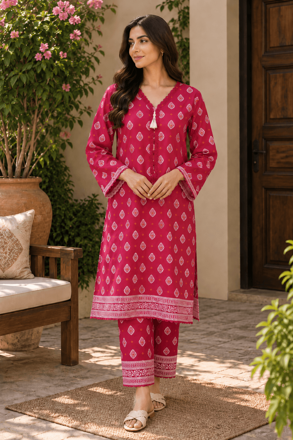 MANSAB Pink Printed 2-Piece Shirt & Trouser Set for Women
