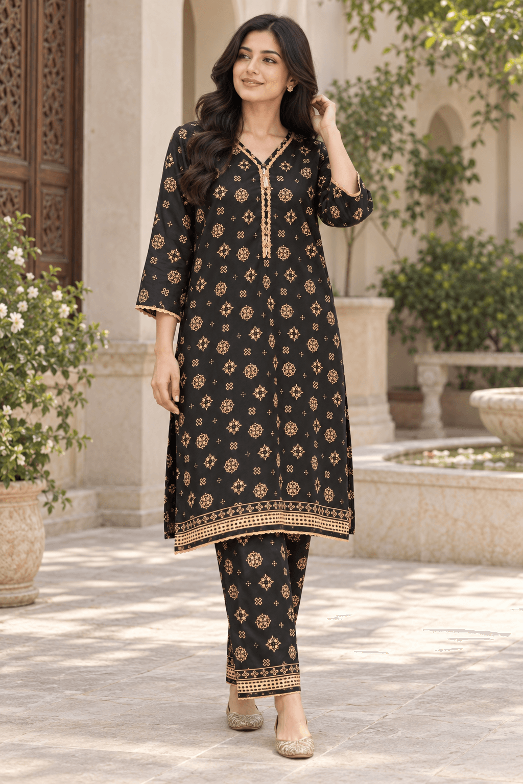 MANSAB Black & Gold Printed 2-Piece Shirt Trouser Set for Women
