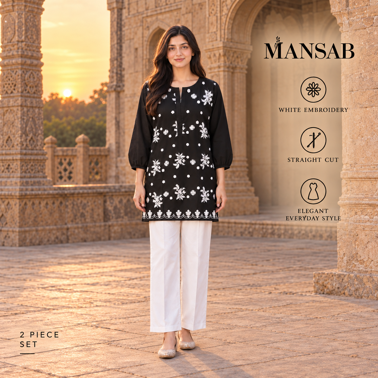 Black Floral Embroidered Two-Piece Suit for Women | MANSAB