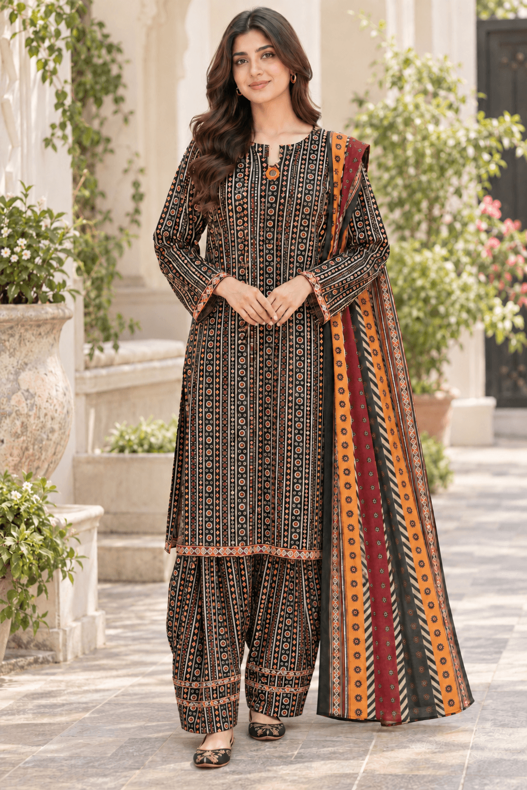 Black Printed Farshi Shalwar Suit for Women | MANSAB