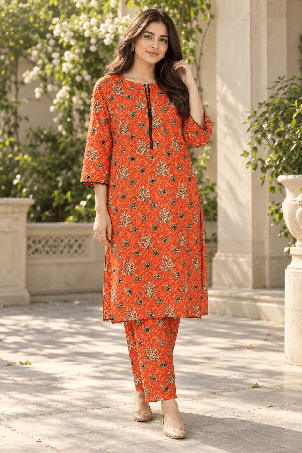 MANSAB Orange Printed 2-Piece Shirt & Trouser Suit for Women