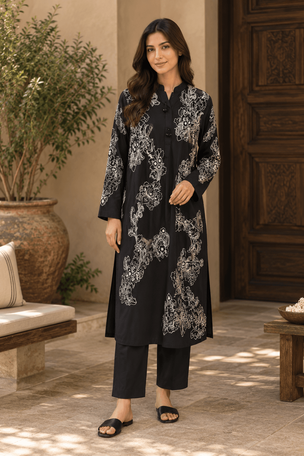 Black Floral Embroidered Kurta Trouser Set for Women | 2 Piece Suit