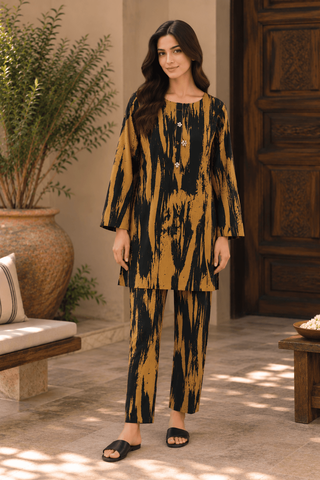 Black & Mustard Abstract Printed Co-Ord Set for Women | 2 Piece Suit