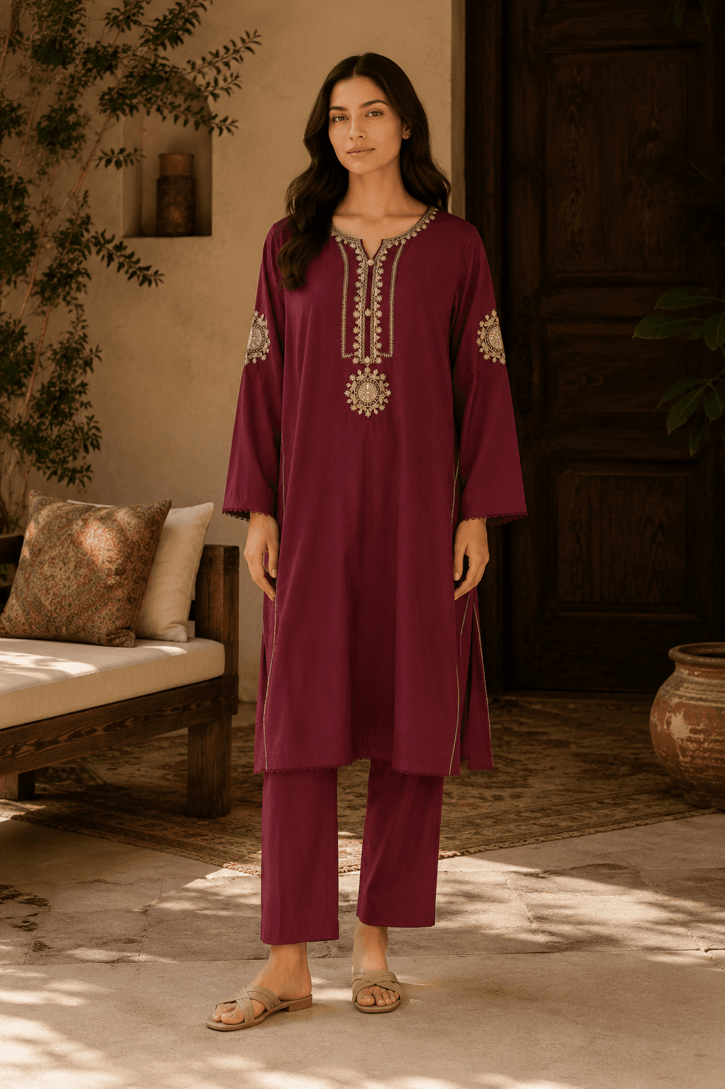 Burgundy Gold Embroidered Kurta Trouser Set for Women | 2 Piece Suit