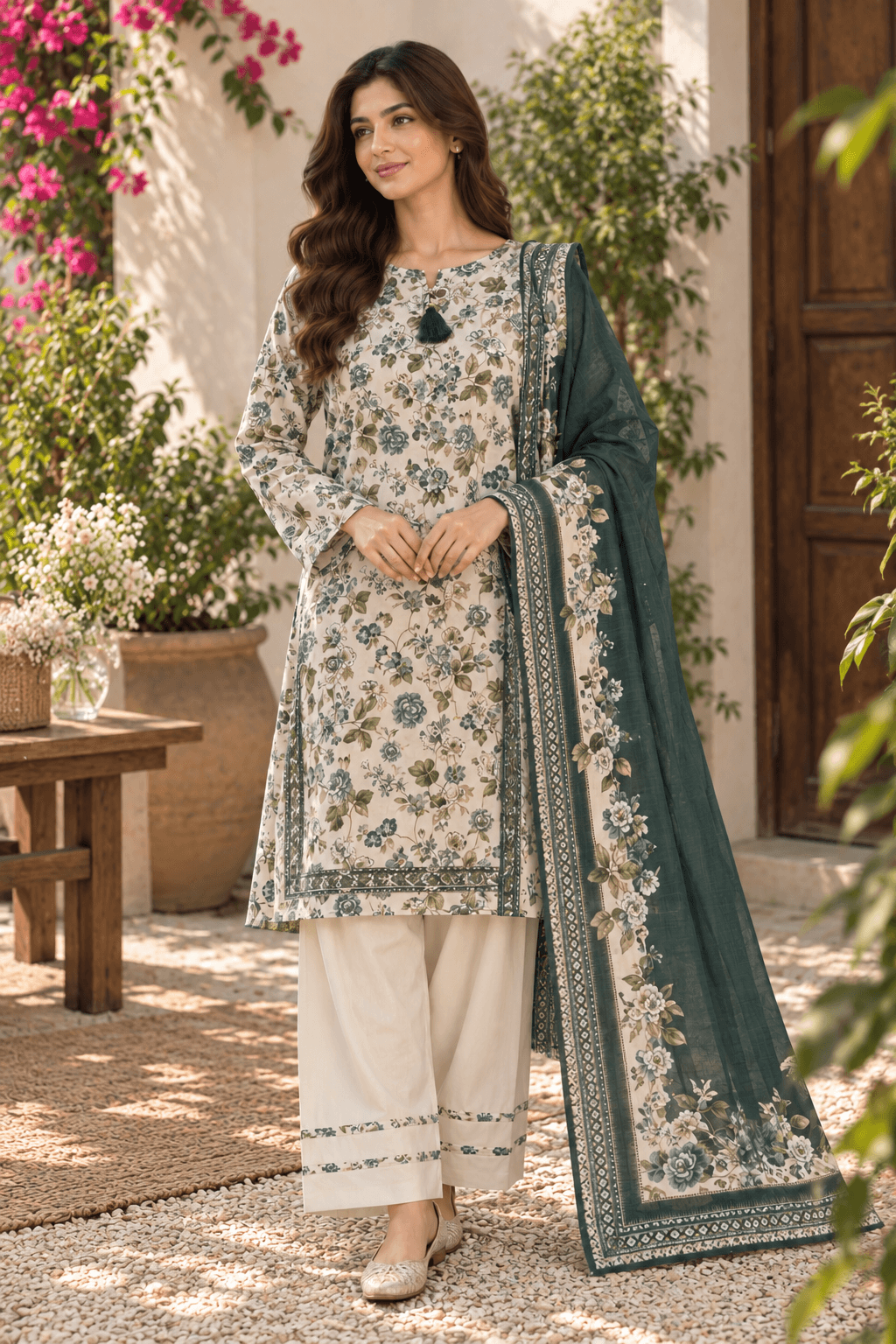 MANSAB Emerald Floral 3-Piece Lawn Suit with Farshi Shalwar for Women