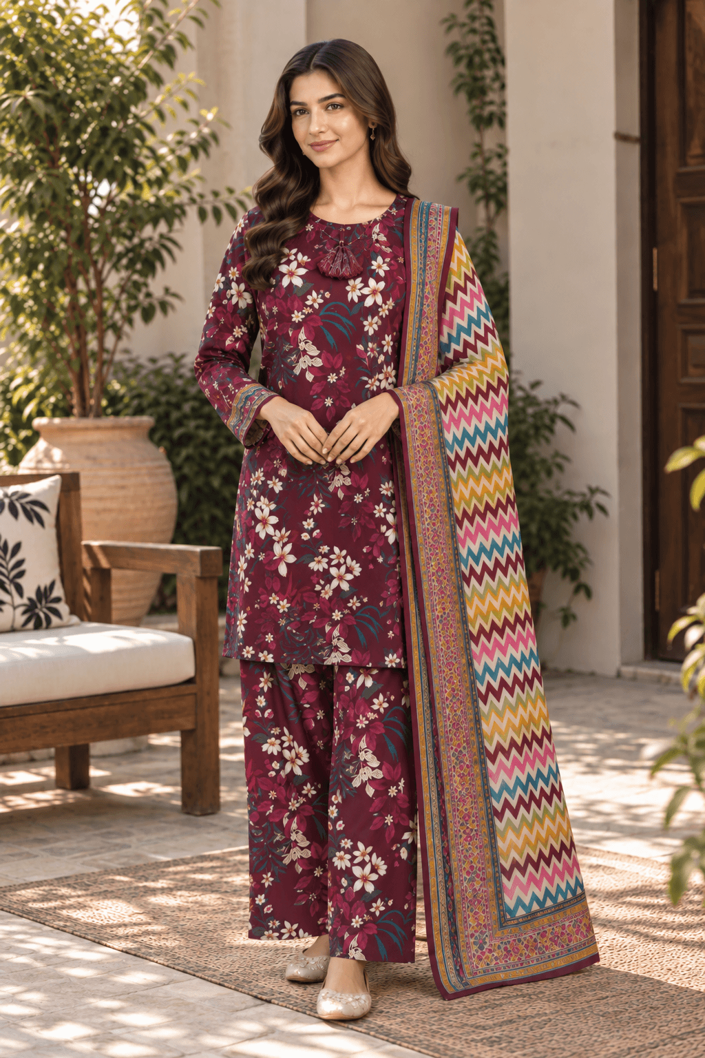 MANSAB Maroon Floral 3-Piece Printed Suit with Dupatta