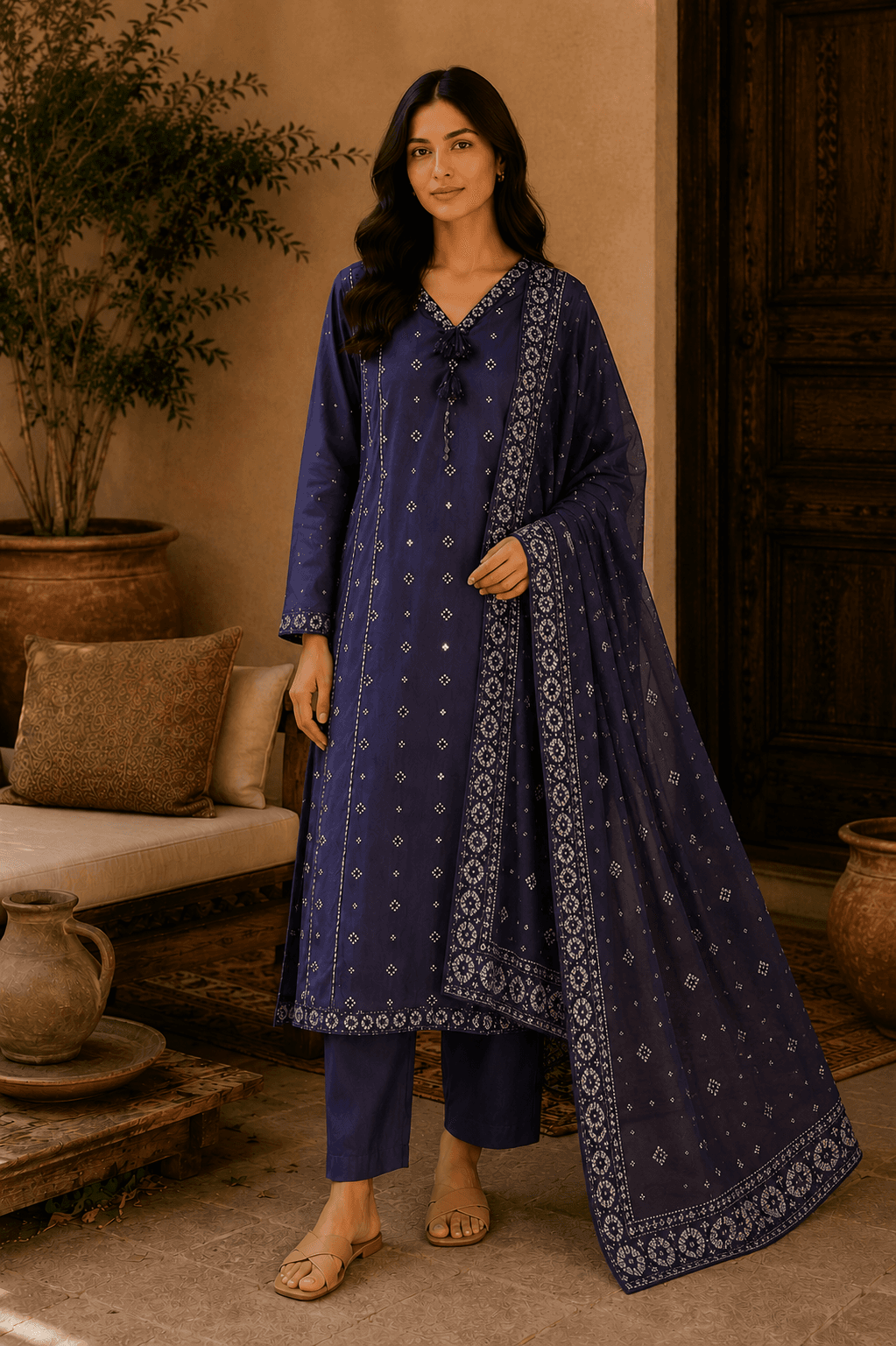 Navy Blue Printed 3-Piece Suit for Women | Kurta Trouser & Dupata