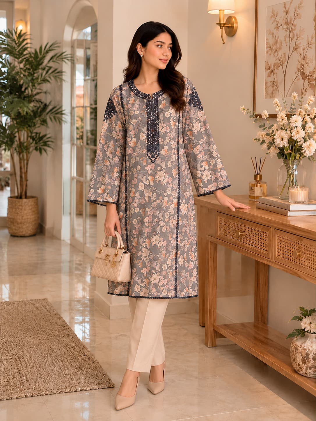 Grey Floral Embroidered Kurta