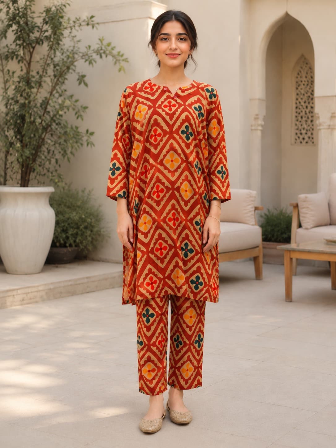 Rust Ajrak Geometric Co-ord